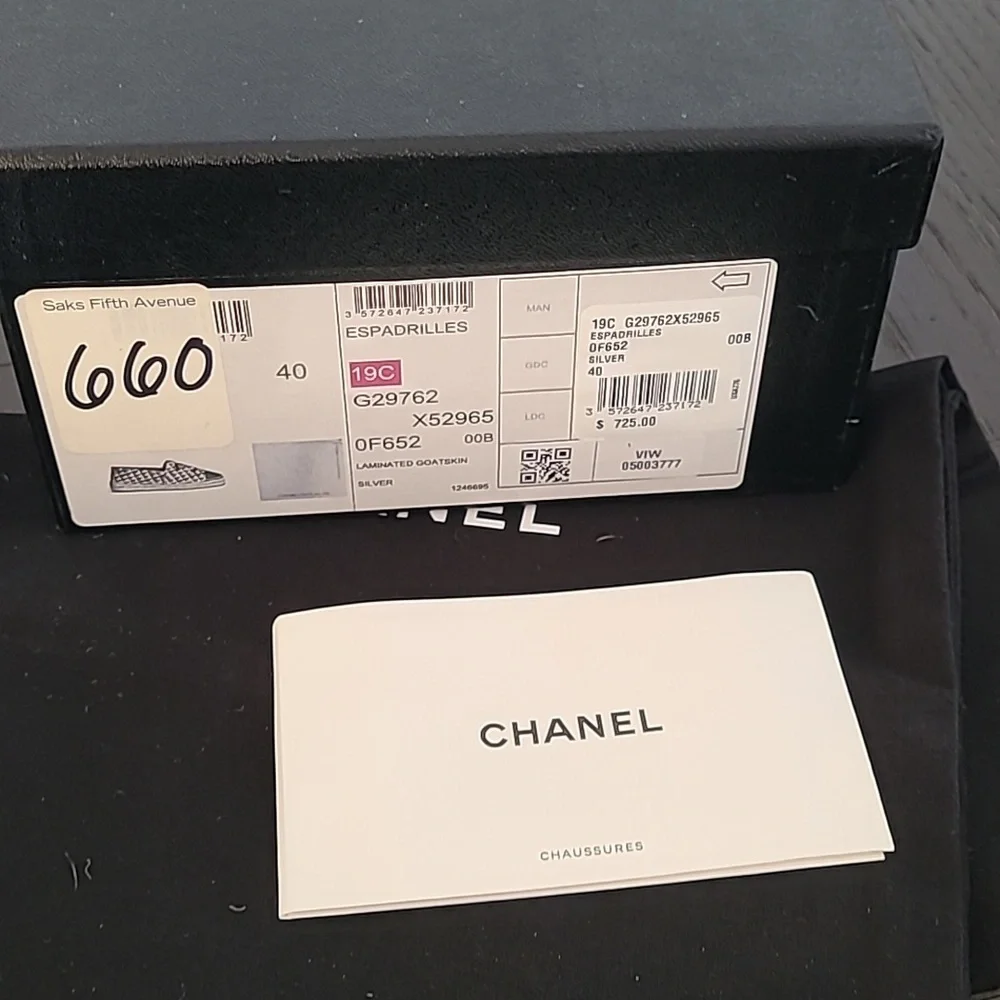 Chanel 19C Silver Laminated Leather CC Logo Double Sole Espadrille